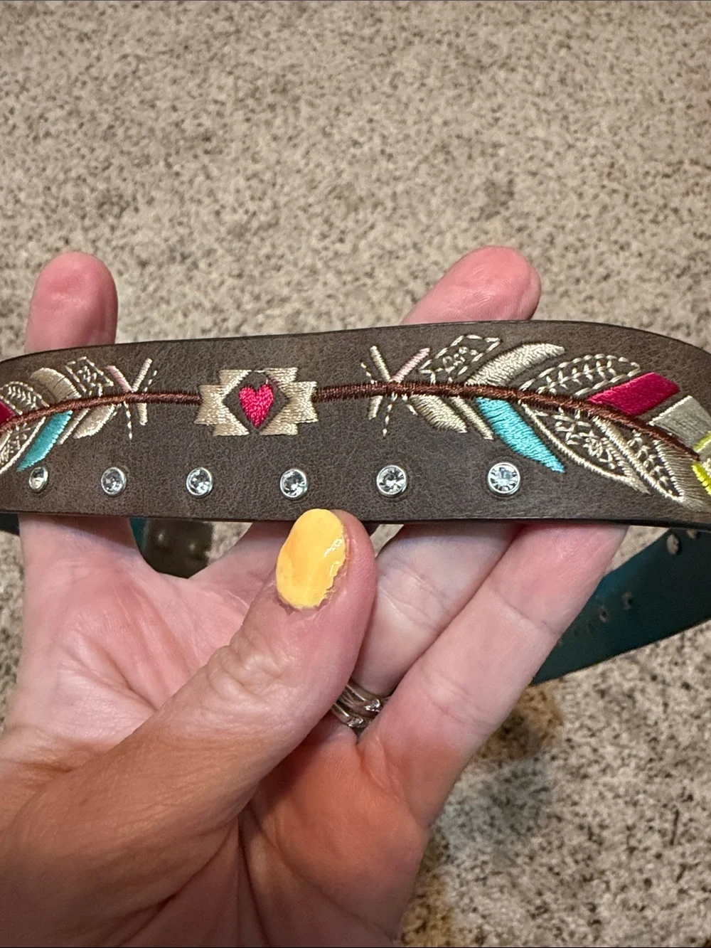 Girls Embroidered Feather Pattern Brown Belt